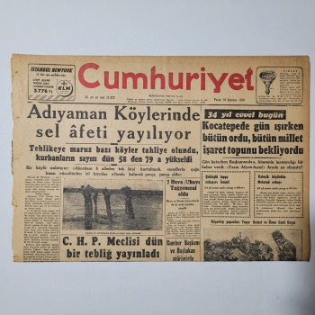 Cumhuriyet Gazetesi - 26 Ağustos 1956 - Adıyaman Köylerinde sel afeti yayılıyor - 6 Sayfa