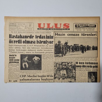 Ulus Gazetesi - 27 Kasım 1959 - Hastahanede tedavinin ücretli olması isteniyor - 6 Sayfa