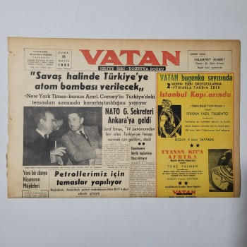 Vatan Gazetesi - 15 Mayıs 1953 - Savaş halinde Türkiye'ye Atom Bombası verliecek - 8 Sayfa