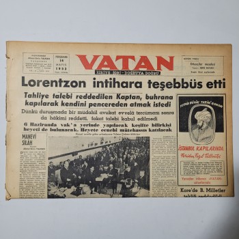 Vatan Gazetesi - 14 Mayıs 1953 - Lorentzon intihara teşebbüs etti - 8 Sayfa