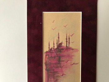 Kadife Paspartulu İstanbul Manzarası Sulu Boya Çalışması