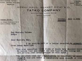 1936 Tarihli Tatko Company Şirketine Ait Evrak ve Arkasına Yazılmış  Osmanlıca-Türkçe Mektup