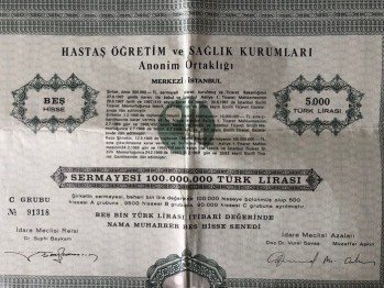 Beş Bin Türk Lirası İtibari Değerinde Nama Muharrer Beş Hisse Senedi-Hastaş Öğretim ve Sağlık Kurumları Anonim Ortaklığı, 1969
